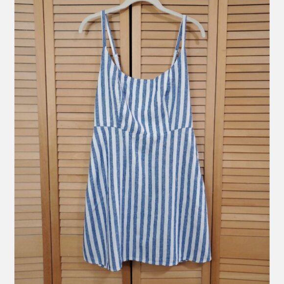 Old Navy White & Blue Striped Fit & Flare Linen-Blend Mini Dress L - Picture 6 of 8